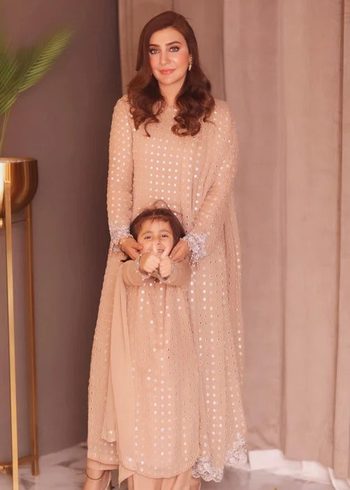 Elegant Mother-Daughter Matching Outfit Set - Beige Embellished Ensemble