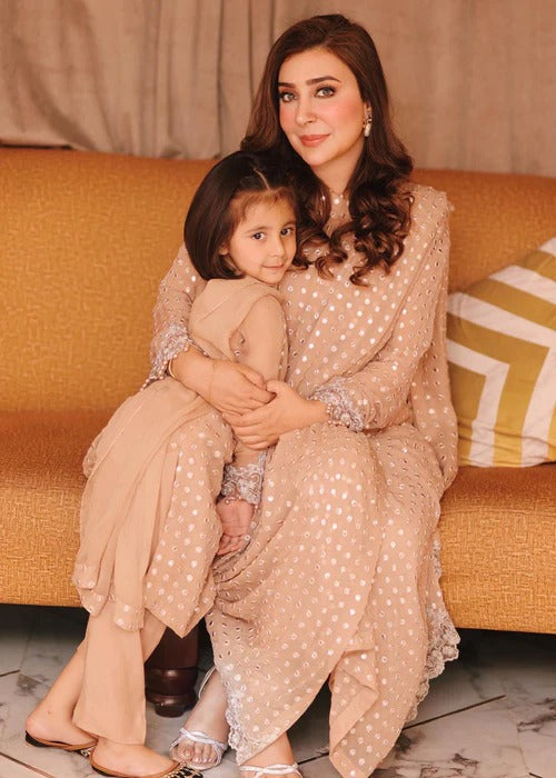 Elegant Mother-Daughter Matching Outfit Set - Beige Embellished Ensemble