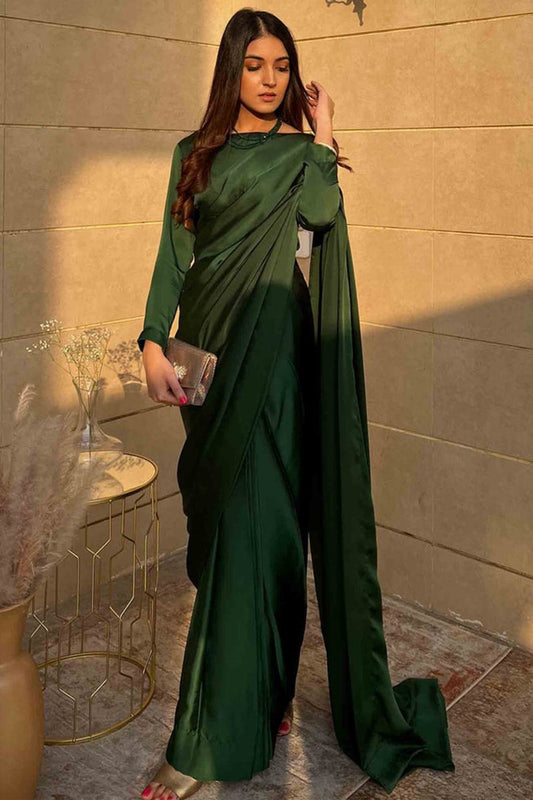 Emerald Green Plain Party Wear  Wedding Saree in Silk